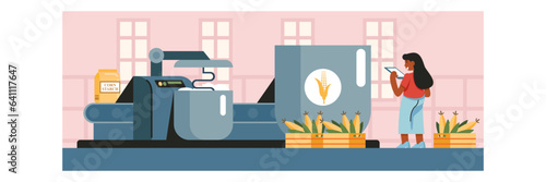 Young lady standing near big machine, holding clipboard and controlling process of corn starch production. Corn cultivation concept. Vector illustration in cartoon style