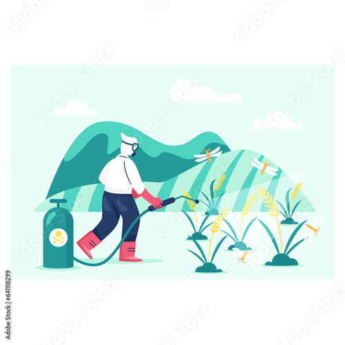 Professional male in protective uniform, mask and glasses processes field with wheat from harmful butterflies. Treatment of plants with protective agent. Flat vector illustration