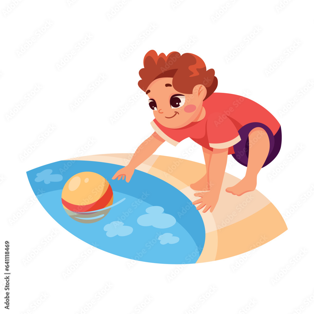 Little Boy in Dangerous Situation Take Ball Out of Pool Being Unsafe Vector Illustration.
