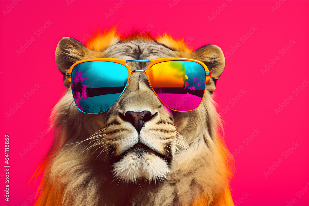 lion wearing colourful sunglasses