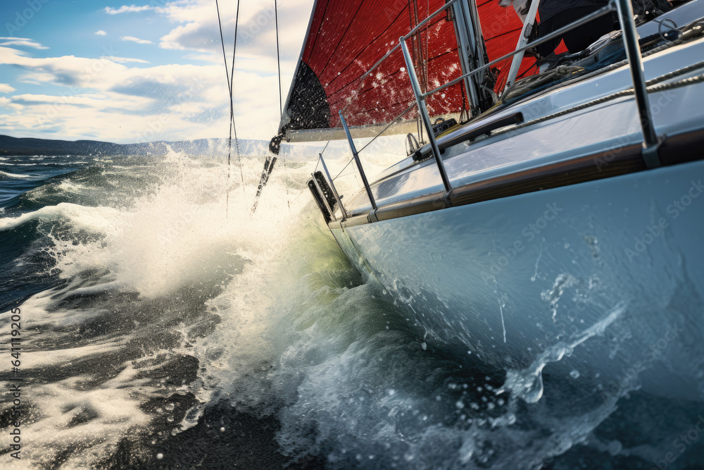 Fototapeta premium Yacht sailing in open sea at sunset. Sea ocean waves water splashing around sailboat in golden sunlight hours