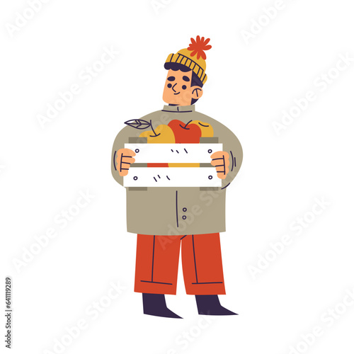 Little Boy in Fall Season with Crate Full of Apple Enjoy Outdoor Activity Vector Illustration