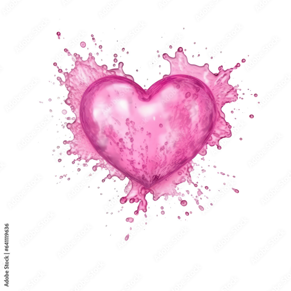 Heart from pink water splash with bubbles isolated on transparent