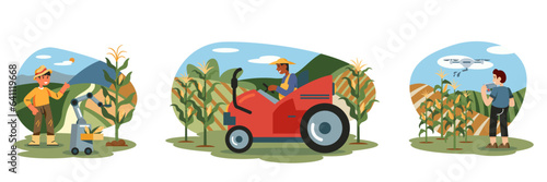 Young male standing near special corn sprout picking machine. American worker driving tractor on field. Young man holds remote control and controls drone, watering field with fertilizer. Flat vector