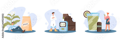 Set of people choosing stevia in daily diet. Man sitting near plant and bag with sweetener. Laboratory worker measure sugar percent in chocolate. Cocktail with stevia syrup. Flat vector illustration