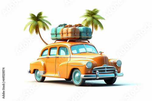 Funny retro car with suitcases. Unusual summer travel 3d illustration © kabir