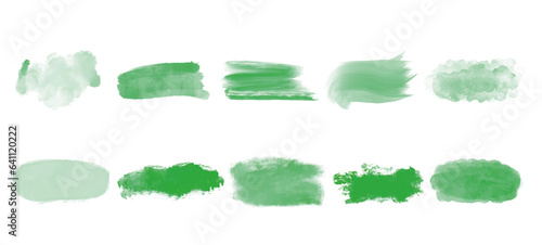 Set of abstract green watercolor water splash on a white background. Ink paint brush stain. Eco natural splatters spot.