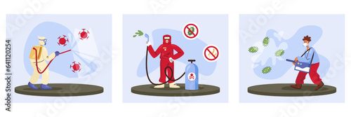 Set of different male workers in protective uniform, respirators and masks holding cleaning disinfectant and performing surface treatment. Room disinfection against viruses. Vector illustration
