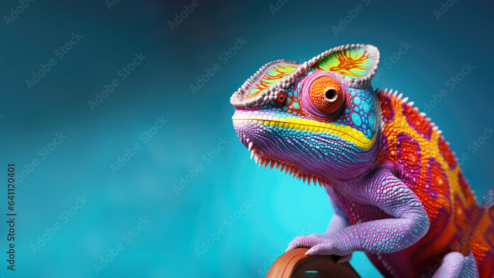 Obraz premium Colorful chameleon is crawling on a branch
