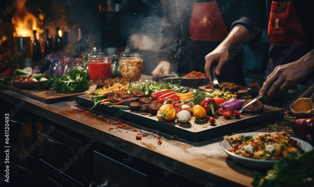 hands chefs cooking a fantastic vegan receipe . Generative AI - obrazy, fototapety, plakaty 
