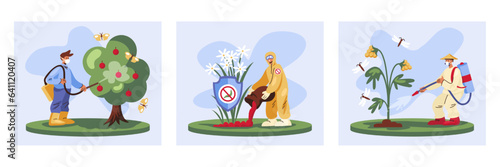 Man in uniform holding backpack and spraying chemicals on apple tree against bugs. Worker pours poison against slugs near bush with flowers. Male treats bush with berries with protective agent