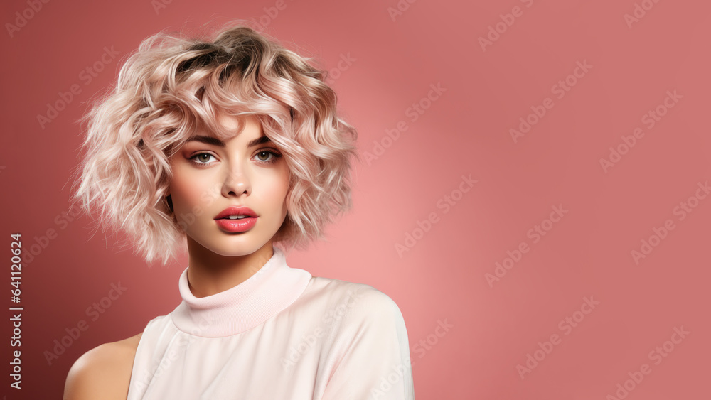 Beautiful short curly blonde girl, isolated on pastel background