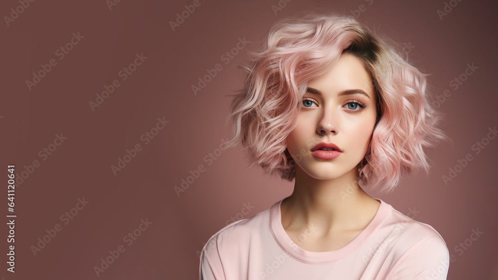 Beautiful short curly blonde girl, isolated on pastel background