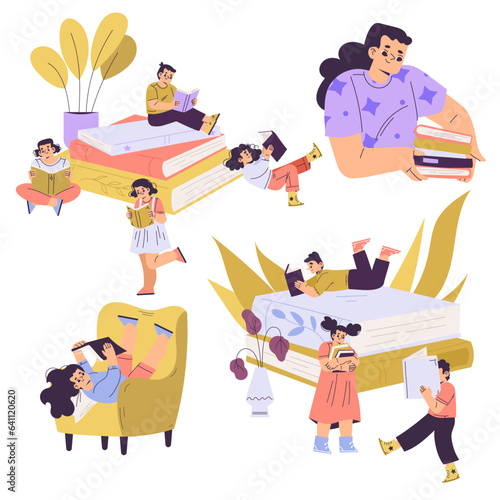 Children with Books Reading Interested with Story Vector Set