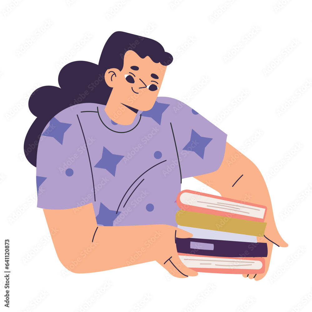 Little Girl with Pile of Book for Reading Vector Illustration