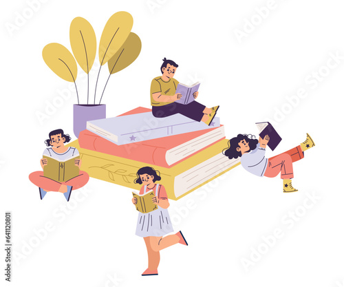 Children with Books Reading Interested with Story Vector Illustration
