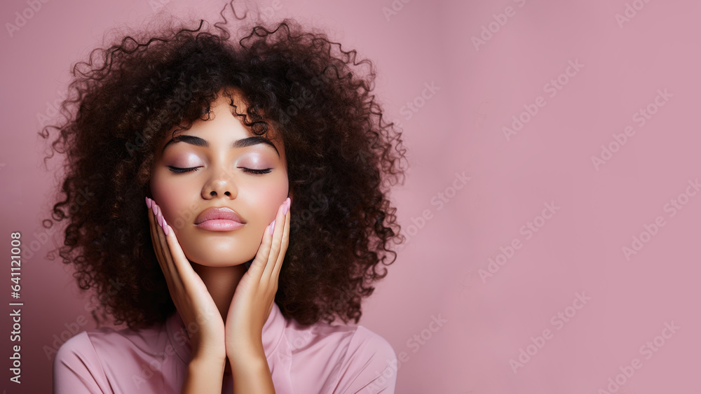 Afro-american woman with closed eyes touching her perfect skin, cosmetic advertising facial antiage lift products salon care tighten skin Afro-american woman with closed eyes touching her perfect skin, cosmetic advertising facial antiage lift products salon care tighten skin