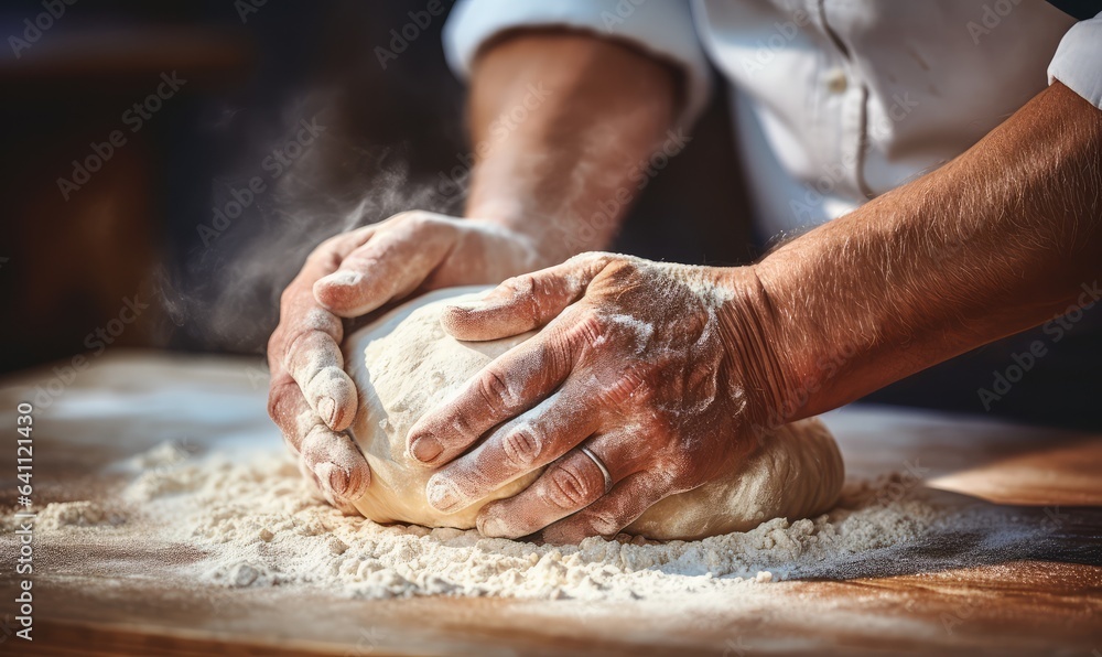 close-up of hands kneading dough on a floured surface  . Generative AI