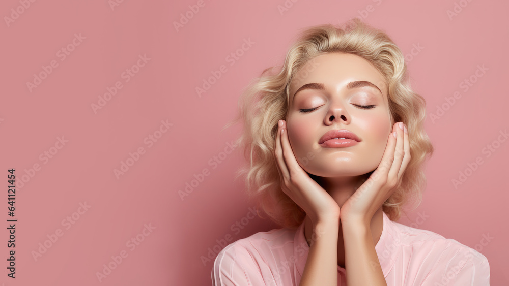 Beautiful woman with closed eyes touching her perfect skin, cosmetic advertising facial antiage lift products salon care tighten skin Beautiful woman with closed eyes touching her perfect skin, cosmetic advertising facial antiage lift products salon care tighten skin