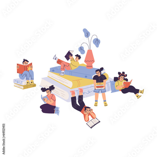 Children with Books Reading Interested with Story Vector Illustration