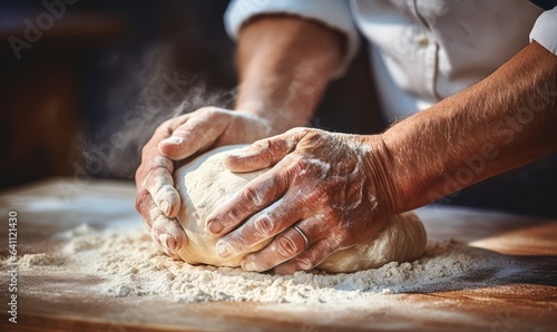 close-up of hands kneading dough on a floured surface . Generative AI
