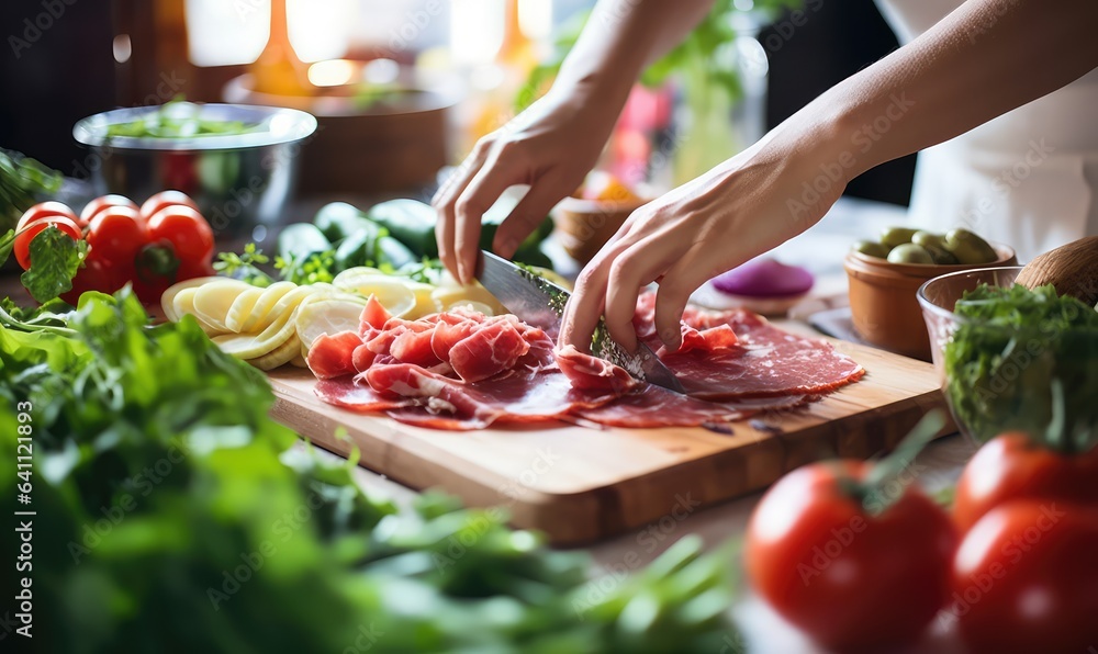 Woman is cooking in home kitchen. Female hands cut salami, vegetables, greens, tomatoes on table on wooden boards. Ingredients for preparing italian or french food . Generative AI - obrazy, fototapety, plakaty 