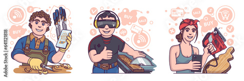 Man ordered tool in online store, works with wood. Worker in protective glasses cutting wood on special machine. Young lady holding fretsaw. Online shopping concept. Flat vector illustration