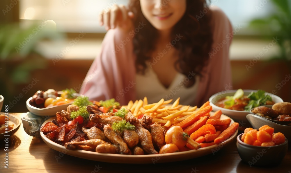 Close up of young Asian woman using hand push out her favourite fried chicken, french fries and choose green apple, fruit and vegetables for good health Woman . Generative AI