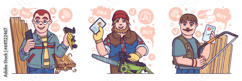 Man chooses a tool for working with wood. Worker holding chainsaw and shopping online. Male with saw chooses tools in online store via smartphone. Flat vector illustration in cartoon style