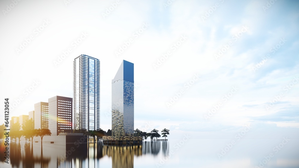 Naklejka premium Skyscrapers in the City at Sunrise,3D Rendering with Empty Space Background on Reflection Area.