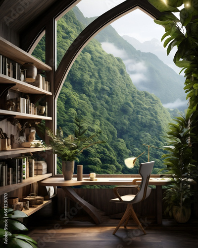 Home office setup with a sleek wooden desk and comfortable chair. Stunning view of the greenery of nearby mountains. Generative AI