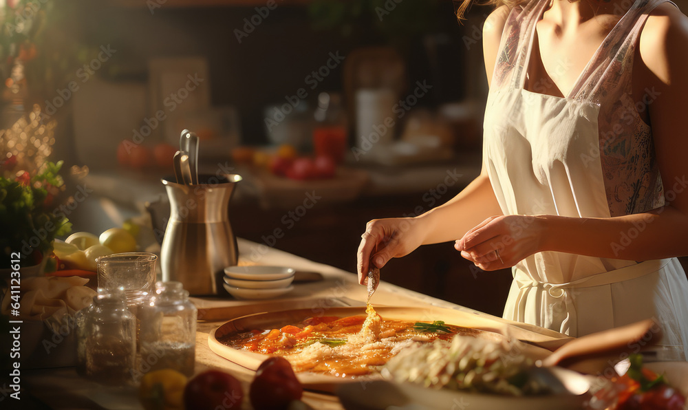 Fototapeta premium hands Cooking Housewife in apron cooking in the kitchen . Generative AI
