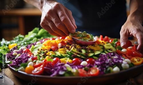 close-up of hands assembling a colorful and nutritious salad . Generative AI