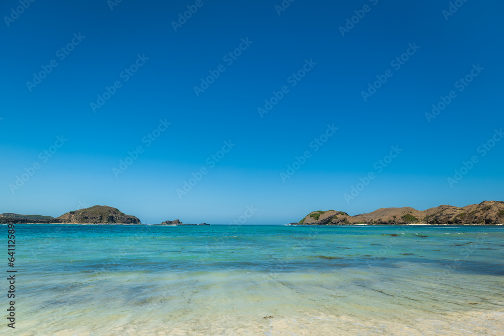 Lombok, Indonesia, Beach ocean panoramic view landscape at Tanjung Ann beach area. Lombok is an island in West Nusa Tenggara province, Indonesia.