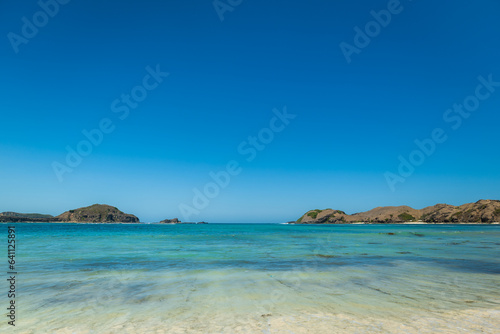 Lombok, Indonesia, Beach ocean panoramic view landscape at Tanjung Ann beach area. Lombok is an island in West Nusa Tenggara province, Indonesia.
