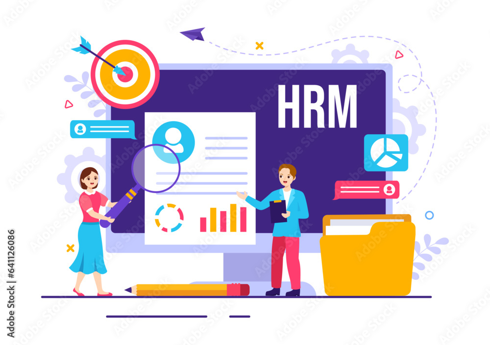 HRM Human Resource Management Vector Illustration with System Managing Company Employee for Marketing Materials and Business Background Design