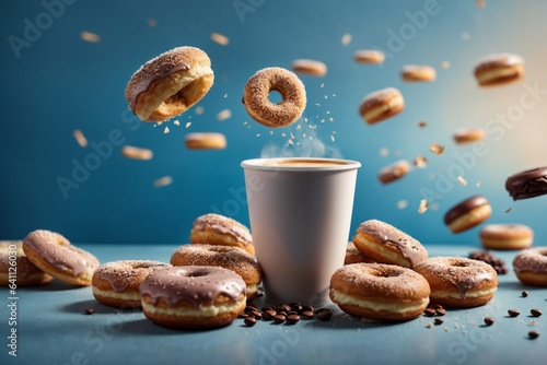 Cup of coffee and donuts on a blue background. Breakfast concept.