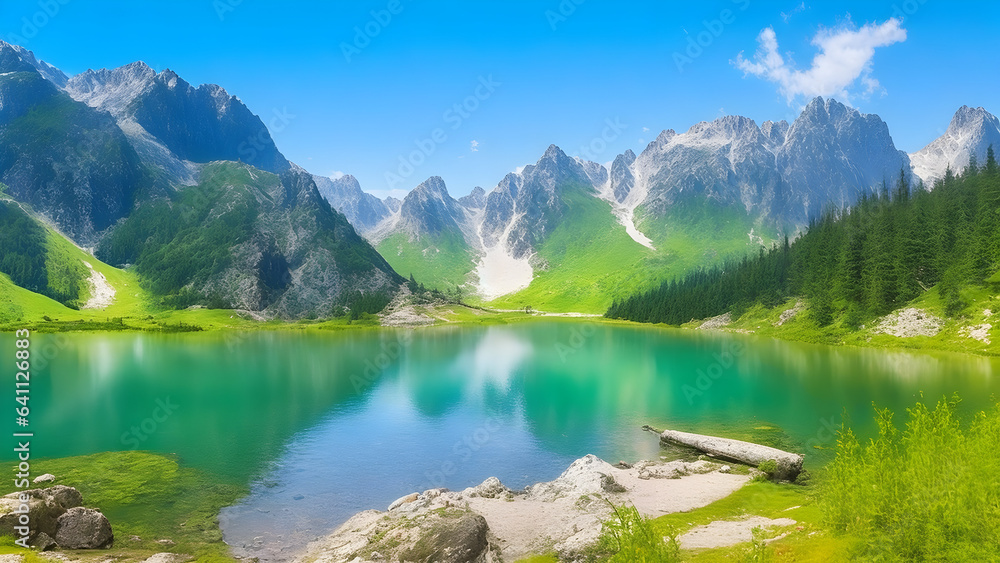 Majestic mountain lake in national park high tatra background and wallpaper 11. generative ai - obrazy, fototapety, plakaty 