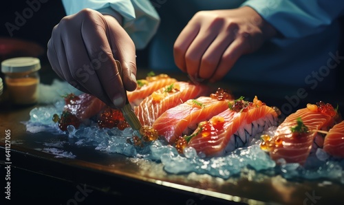 close up of hands of a chef preparing sushi . Generative AI