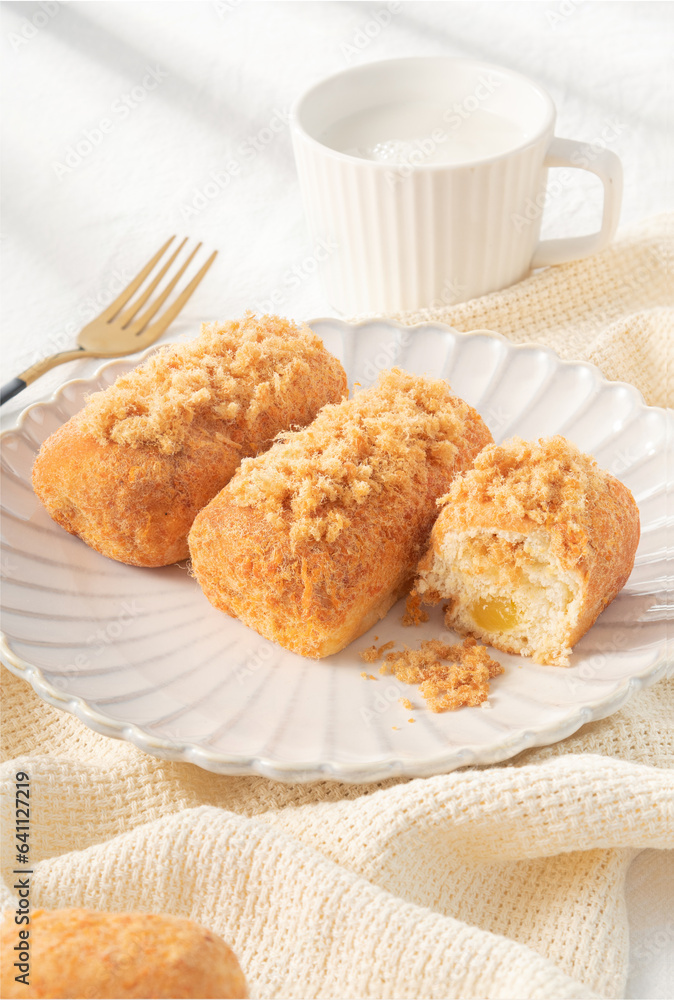 Cheese meat floss bread, close-up, cheese meat floss roll Cheese meat floss bread, close-up, cheese meat floss roll