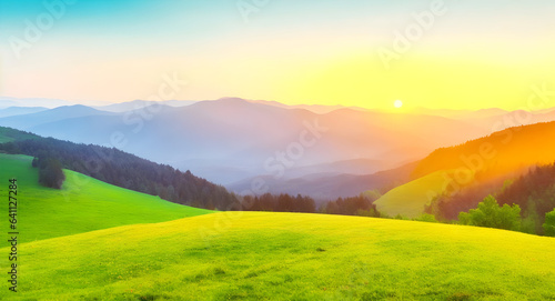 Mountain valley during sunrise. Natural summer landscape. background, wallpaper 4. generative AI