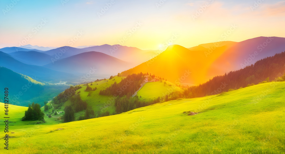 Mountain valley during sunrise. Natural summer landscape. background, wallpaper 14. generative AI