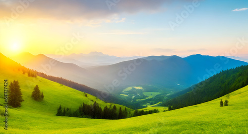 Mountain valley during sunrise. Natural summer landscape. background  wallpaper. generative AI