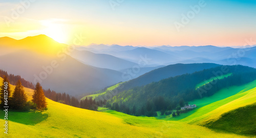 Mountain valley during sunrise. Natural summer landscape. background, wallpaper 13. generative AI