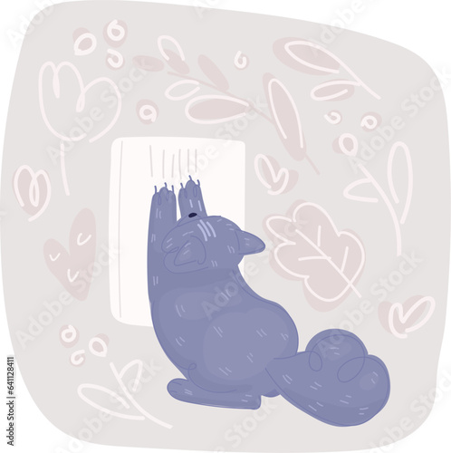 Vector illustration of Cat sharpens its claws on scratching post. Rear wiev