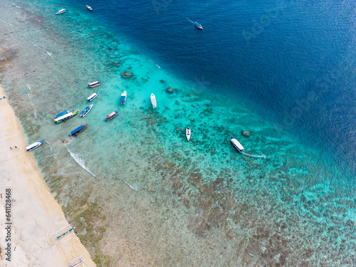 Gili Island, Gili Meno, aerial landscape by drone in Lombok, Bali, Indonesia