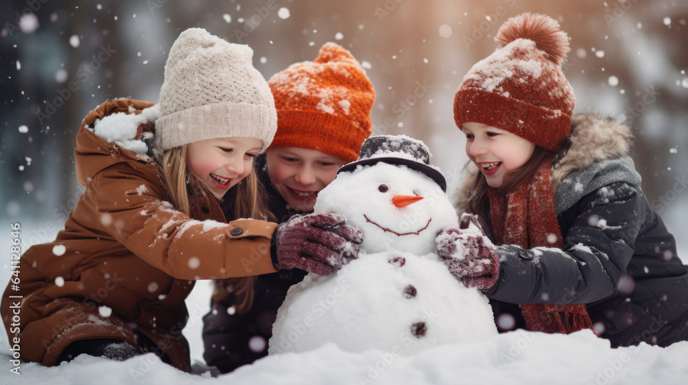 Children build snowman in falling snow Children build snowman in falling snow