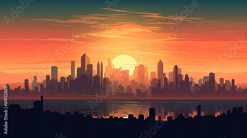City skyline with skyscrapers and buildings at sunset