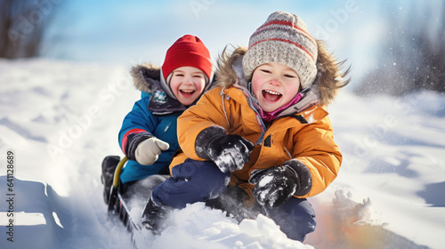 Children sled down snowy hill