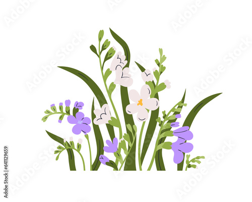 Flowers and leaf decoration. Spring, summer blooms, blossomed freesia plants. Floral branches, stems. Delicate gentle wildflowers decor. Botanical flat vector illustration isolated on white background